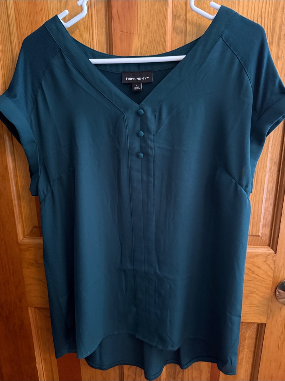 Fortune + Ivy Green Short-Sleeve V-Neck Blouse with Button Placket